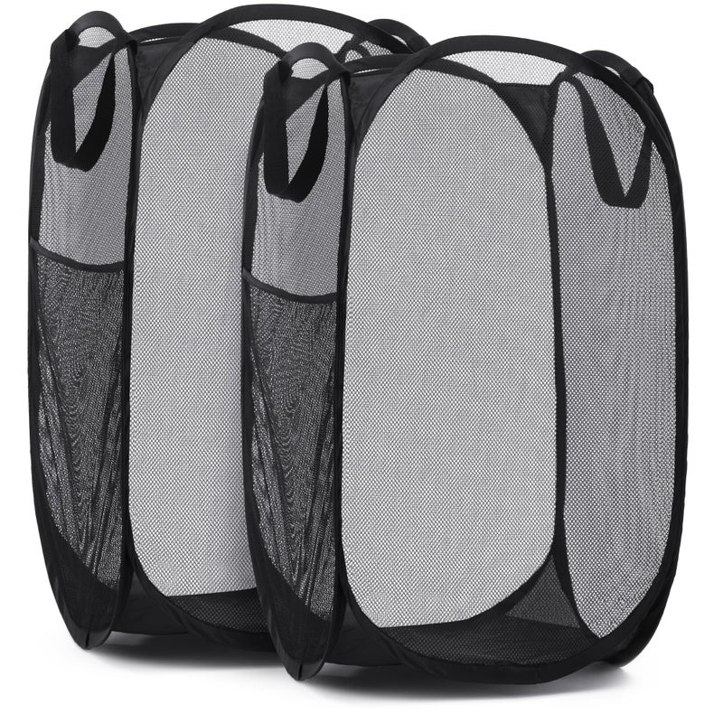 Handy Laundry Collapsible Mesh Pop Up Hamper with Wide Opening and Side Pocket - Breathable, Sturdy, Foldable, and Space-Saving Design for Clothes and Storage (Black | 2-Pack) - Image 1